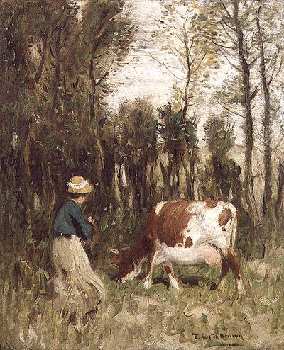 Mädchen treibt eine Kuh von Thomas Austen Brown