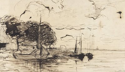 Ufer mit Bauernscheune und Segelschiffen von Théophile de Bock (possibly)