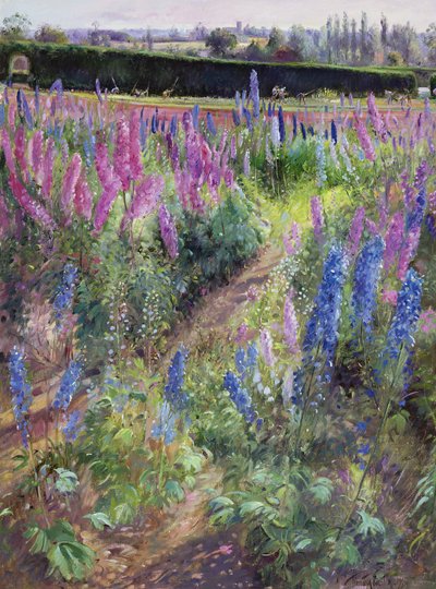 Rittersporn und Pferde, 1991 von Timothy Easton