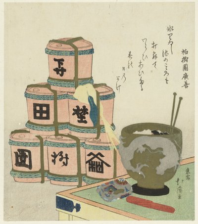Kohlenbecken und aufgestapelte Sake-Fässer von Totoya Hokkei