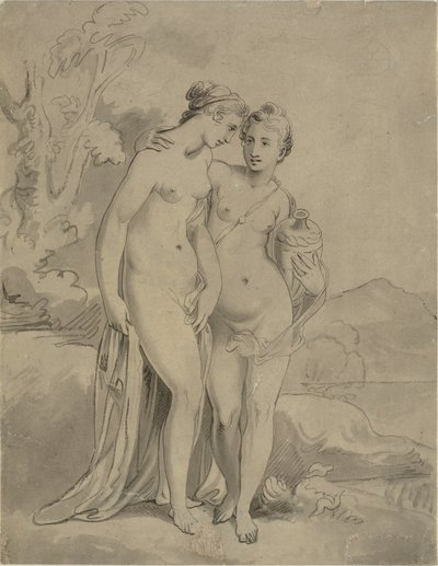 Zwei Nymphen in einer Landschaft von Ubekendt engelsk kunstner 1820