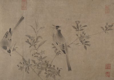 Chinesische Bulbuls auf blühendem Kirschapfel von Unbekannt