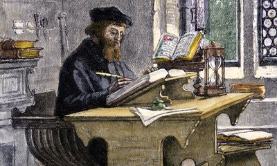John Wycliffe bei der Arbeit, 19. Jahrhundert von Unbekannt