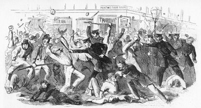 Polizeiangriff auf Randalierer im Tribune-Büro, um 1860er Jahre von Unbekannt