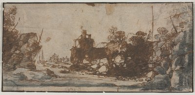 Felsige Bucht mit Booten und Gebäuden recto, 1600er von Unbekannt