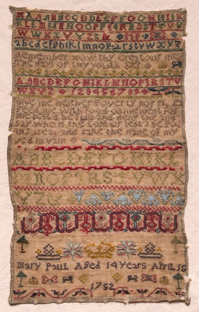 Stickmustertuch, 1752 von Unbekannt