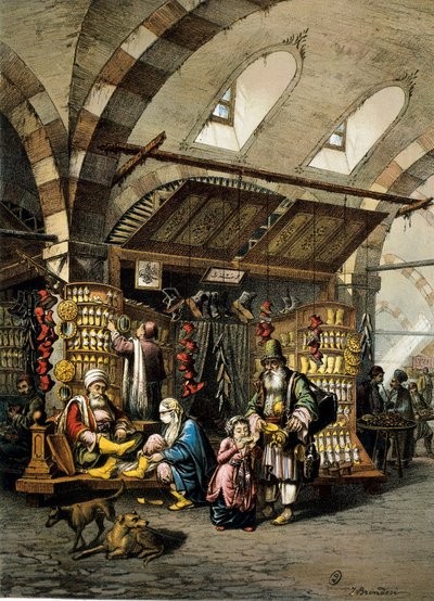 Der Basar (Souk) von Konstantinopel, Farblithographie von Unbekannt