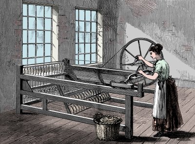 Frau benutzt eine Spinning Jenny, ca. 1880 von Unbekannt