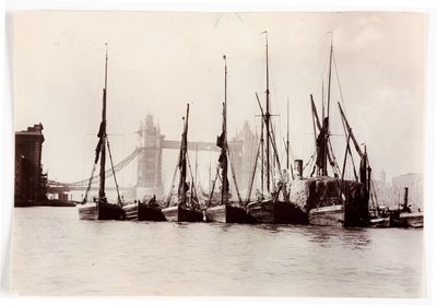 Boote an der Tower Bridge vertäut von Unbekannt