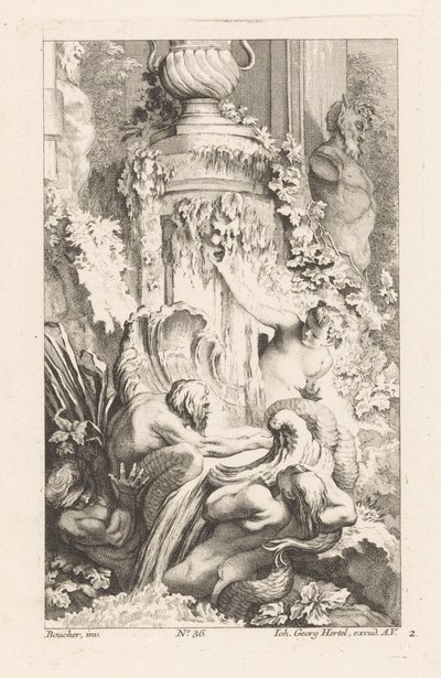Brunnen mit Meermännern und Satyrstatue von Unknown