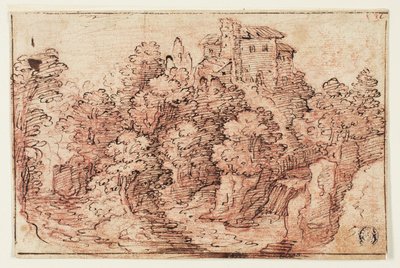 Landschaft: Haus auf bewaldetem Hügel von Unknown