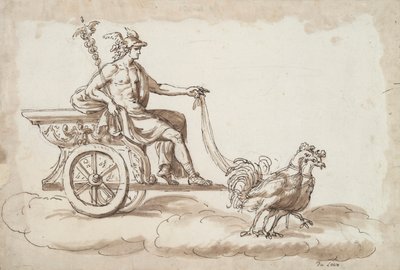 Merkur in einem von Hähnen gezogenen Wagen von Unknown