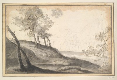 Gebirgige Landschaft mit Bäumen und Stadt in der Ferne von Unknown