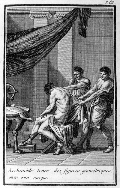 Archimedes zeichnet geometrische Figuren auf seinen Körper von Unknown artist