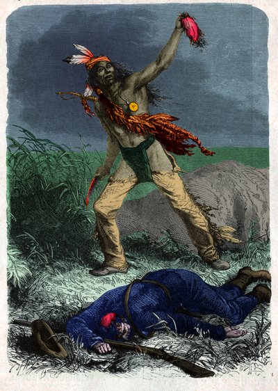 Indianer skalpiert einen Soldaten (Illustration, ca. 1900) von Unknown artist