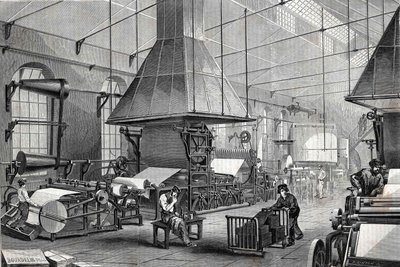 Der Maschinenraum einer Papierfabrik. Gravur von Unknown artist
