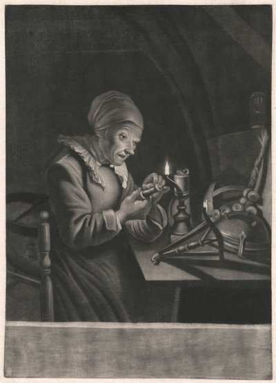 Eine alte Frau repariert ihr Spinnrad von Unknown artist
