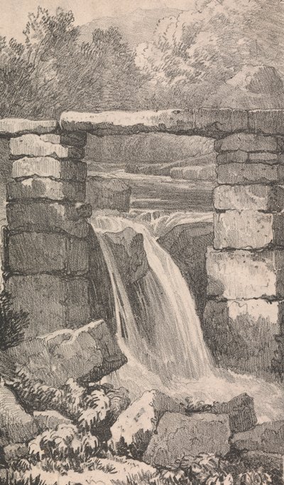 Brücke über Wasserfall von Unknown artist