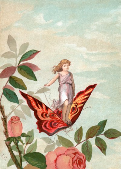 Fee reitet auf einem Schmetterling zwischen Rosen von Unknown artist