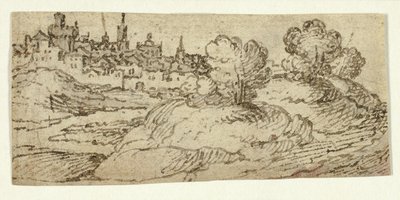 Hügelstadt mit Bäumen im Vordergrund von Unknown artist