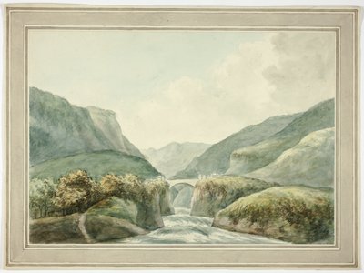 Bergstadt bei Brücke über Stromschnellen von Unknown artist