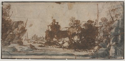 Felsige Bucht mit Booten und Gebäuden (recto) von Unknown artist