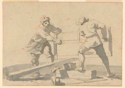 Zwei Männer sägen ein Brett von Unknown artist