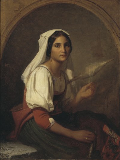 Eine italienische Frau beim Flachsspinnen von Uno Troili