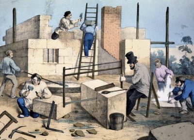 Hausbau, ca. 1860 (Lithographie) von Victor Janson