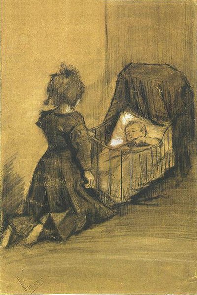 Mädchen kniet neben einer Wiege F1024 JH336 von Vincent van Gogh