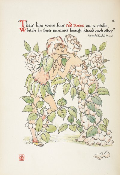 Zwei Figuren, die sich als Rosen verkleidet küssen von Walter Crane