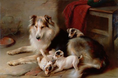 Ein Collie mit Foxterrier-Welpen von Walter Hunt