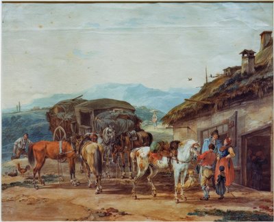 Pferdewechsel eines Reisewagens von Wilhelm von Kobell