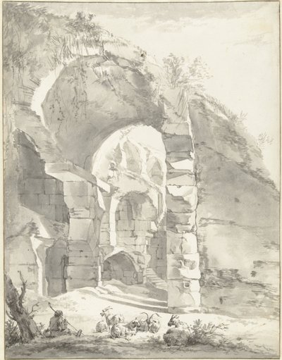 Ruine mit einem Hirten und Schafen links von Willem Romeyn