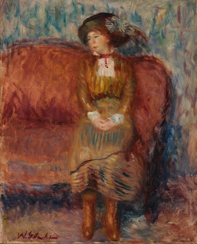 Frau auf rotem Sofa sitzend von William James Glackens