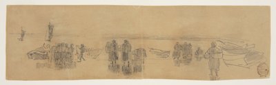 Strand mit vier Fischerbooten, Cullercoats, England von Winslow Homer