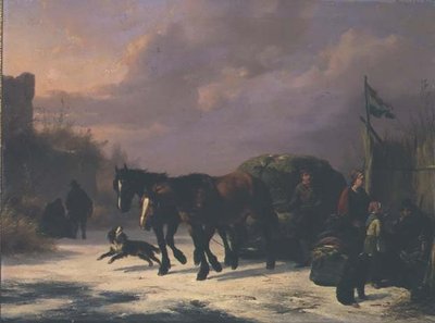 Ein Pferdeschlitten bei einer Bude von Wouterus Verschuur