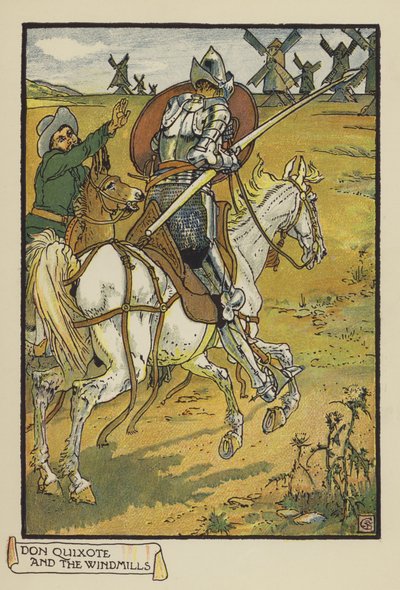 Don Quixote und die Windmühlen von after Walter Crane