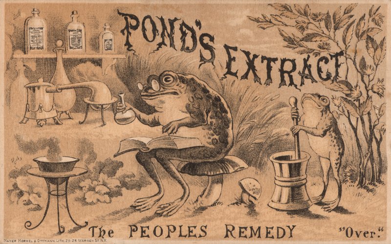 Frösche bereiten Medikamente vor, Werbung für Ponds Extract von American School