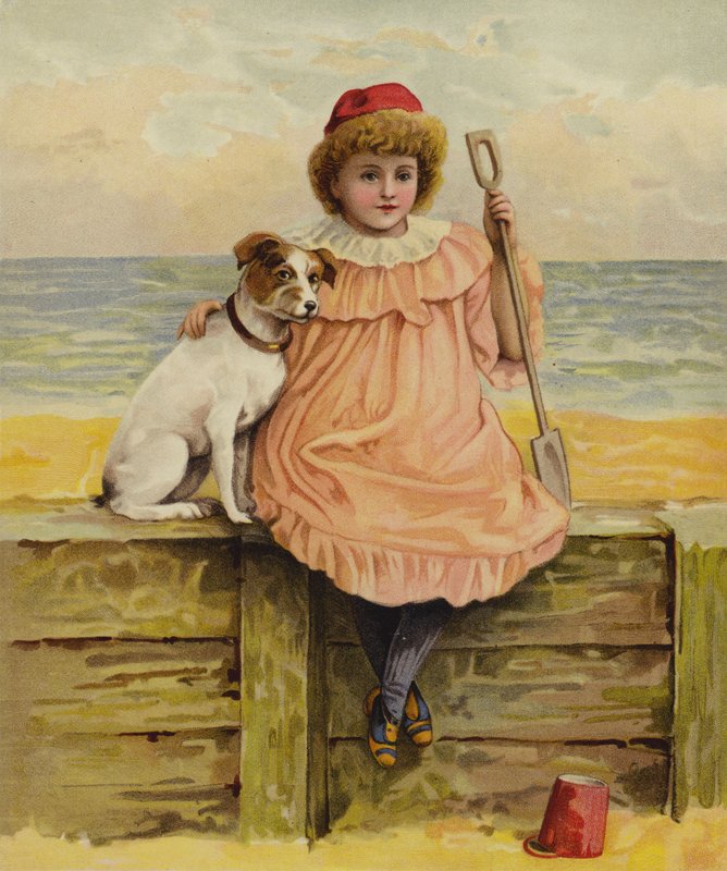 Ein Mädchen sitzt mit ihrem Hund am Strand von English School