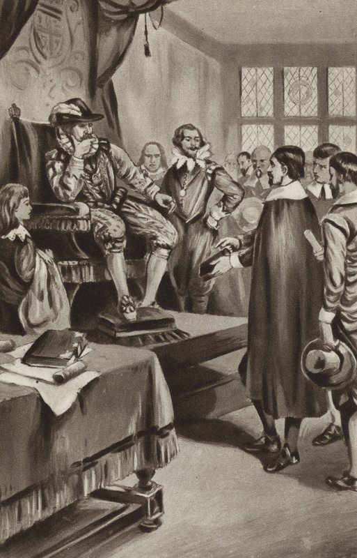 König James VI droht den Puritanern, dass er sie zur Konformität mit der Kirche zwingen oder sie aus dem Land vertreiben wird von English School