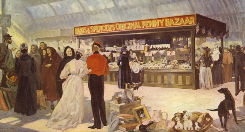 Der ursprüngliche Typ des Open Penny Bazaar in der öffentlichen Markthalle, 1890 von English School