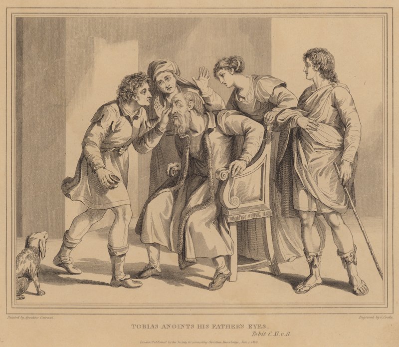 Tobias salbt die Augen seines Vaters, Tobit von Agostino Carracci