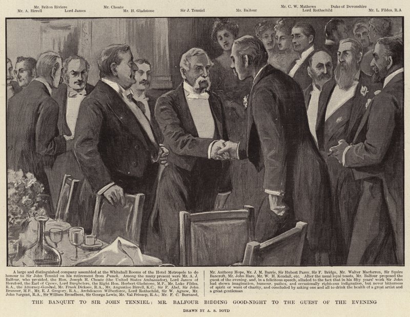 Das Bankett für Sir John Tenniel, Mr. Balfour verabschiedet sich vom Gast des Abends von Alexander Stuart Boyd