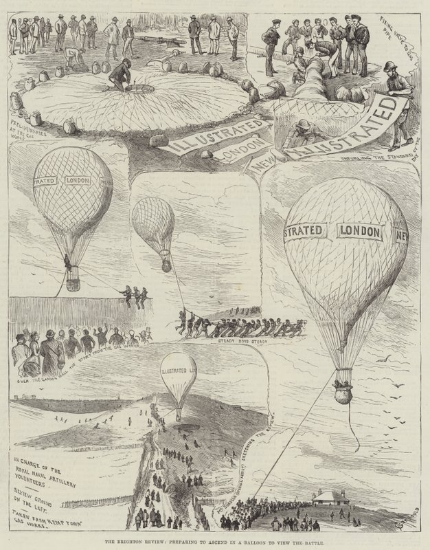 Die Brighton Review, Vorbereitung zum Aufstieg in einem Ballon, um die Schlacht zu sehen von Alfred Courbould