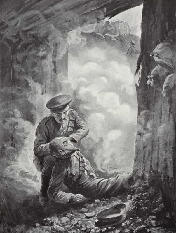 Unteroffizier John Raynes setzt Sergeant Ayres nach der Explosion einer Gasgranate seinen Rauchhelm auf, 11. Oktober 1915 von Alfred Pearse