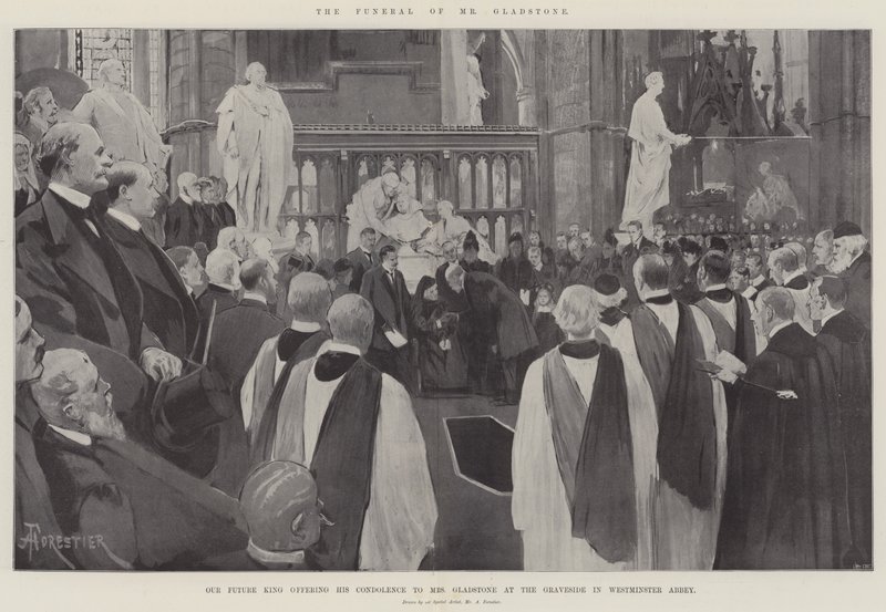 Die Beerdigung von Mr. Gladstone, unser zukünftiger König bietet Mrs. Gladstone sein Beileid am Grab in der Westminster Abbey an von Amedee Forestier
