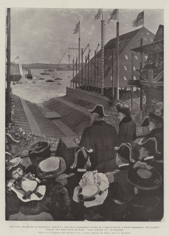 Der König und die Königin in Devonport, 8. März, die erste feierliche Kiellegung durch eine königliche Person, Seine Majestät legt die erste Platte der HMS King Edward VII in Position von Amedee Forestier