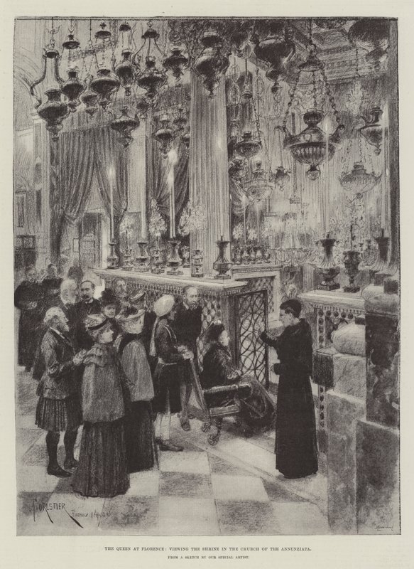 Die Königin in Florenz, besichtigt das Heiligtum in der Kirche der Annunziata von Amedee Forestier