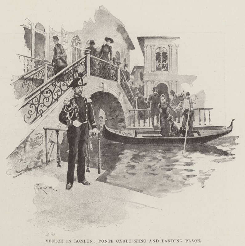 Venedig in London, Ponte Carlo Zeno und Anlegestelle von Amedee Forestier